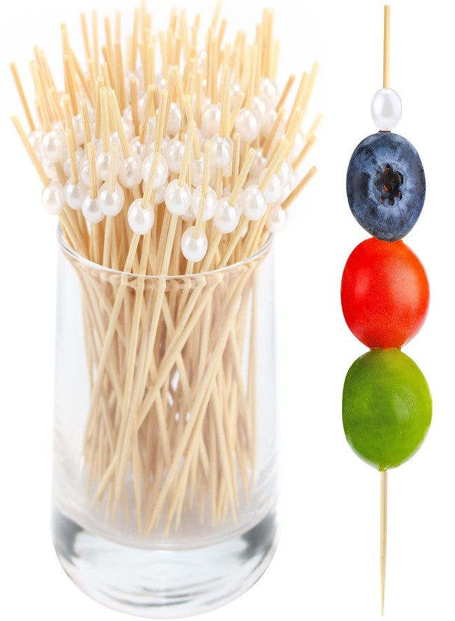 CJFocus 200 Pack Cocktail Picks 4.7 Inch, Bamboo Toothpicks for Appetizers, Fruit, Charcuterie, Drinks, Fancy Wooden Mini Food Skewers Party Favor, White Ball Decorative - Image 1